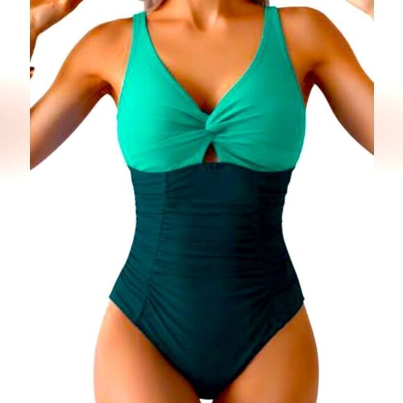 Eomenie One Piece Swimsuit Tummy Control Ruched Twist Front Cutout Tie Back NWT - Picture 1 of 7